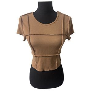 Earthy Brown Retro Indie Casual Cottagecore Boho Y2K Style Ribbed Crop Top XL
